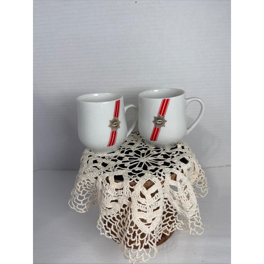 Vintage TWA Airlines Coffee Mugs Set of 2 Japan 44-1695 Racket Michaud White Red